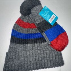 Hat Mittens Set Blue West Loop Kid 4-8y/o Girl Boy One Size Pom Pom