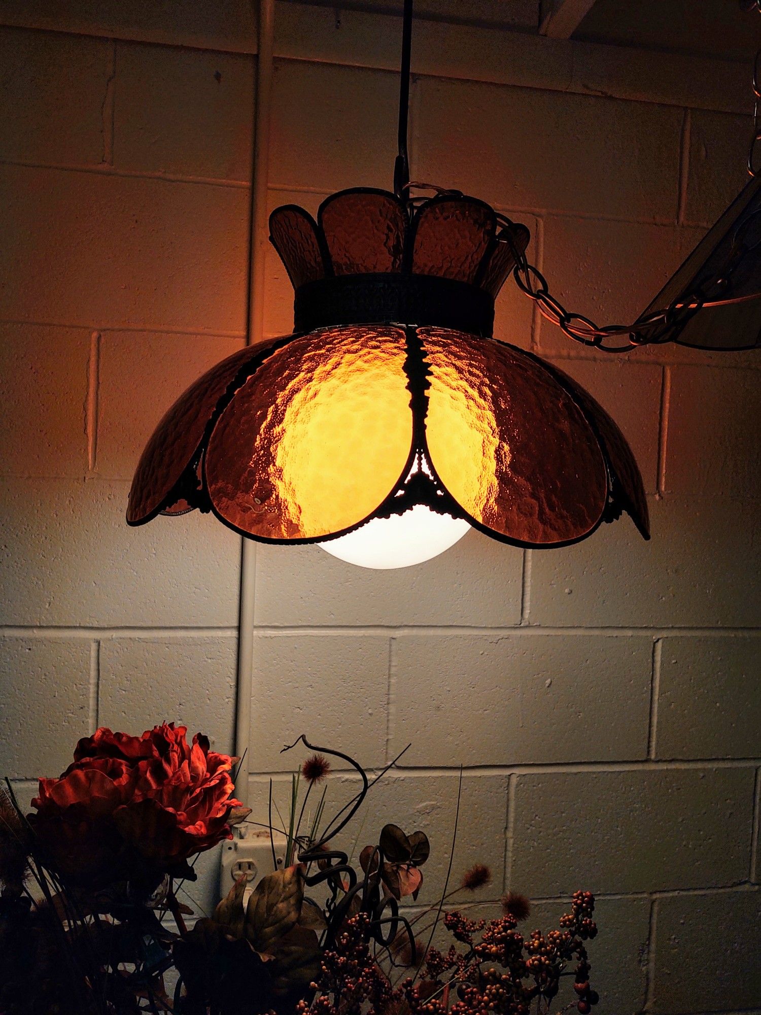 Antique Amber Slag Glass Hanging Lamp