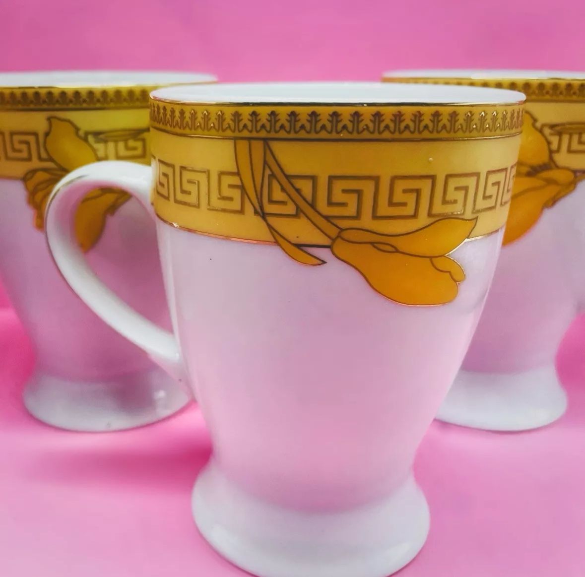 Greek Key Mugs (4) Antique China, Gold Motif RARE Medusa Luxury Versace Style