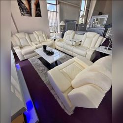 3PC Off white Power recliner sofa set LED USB wireless chargers