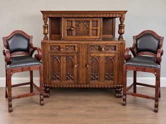 Jacobean Revival Oak Court Cupboard / Sideboard with Coordinating Carved Wood Bar-Height Chairs – 3-Piece Furniture Grouping