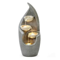NEW - OUTDOOR/INDOOR - Luxenhome Gray Curves Cascading Bowls Resin Fountain w/LED Lights