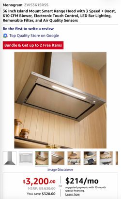 MONOGRAM 36” ISLAND PYRAMID CHIMNEY HOOD — NEW IN BOX 🔥  Model: ZVIS361SRSS