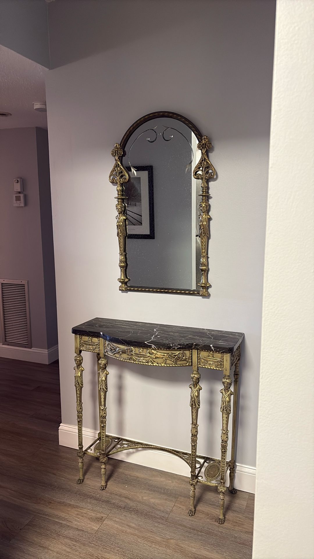 Antique Solid, Brass Table And Mirror