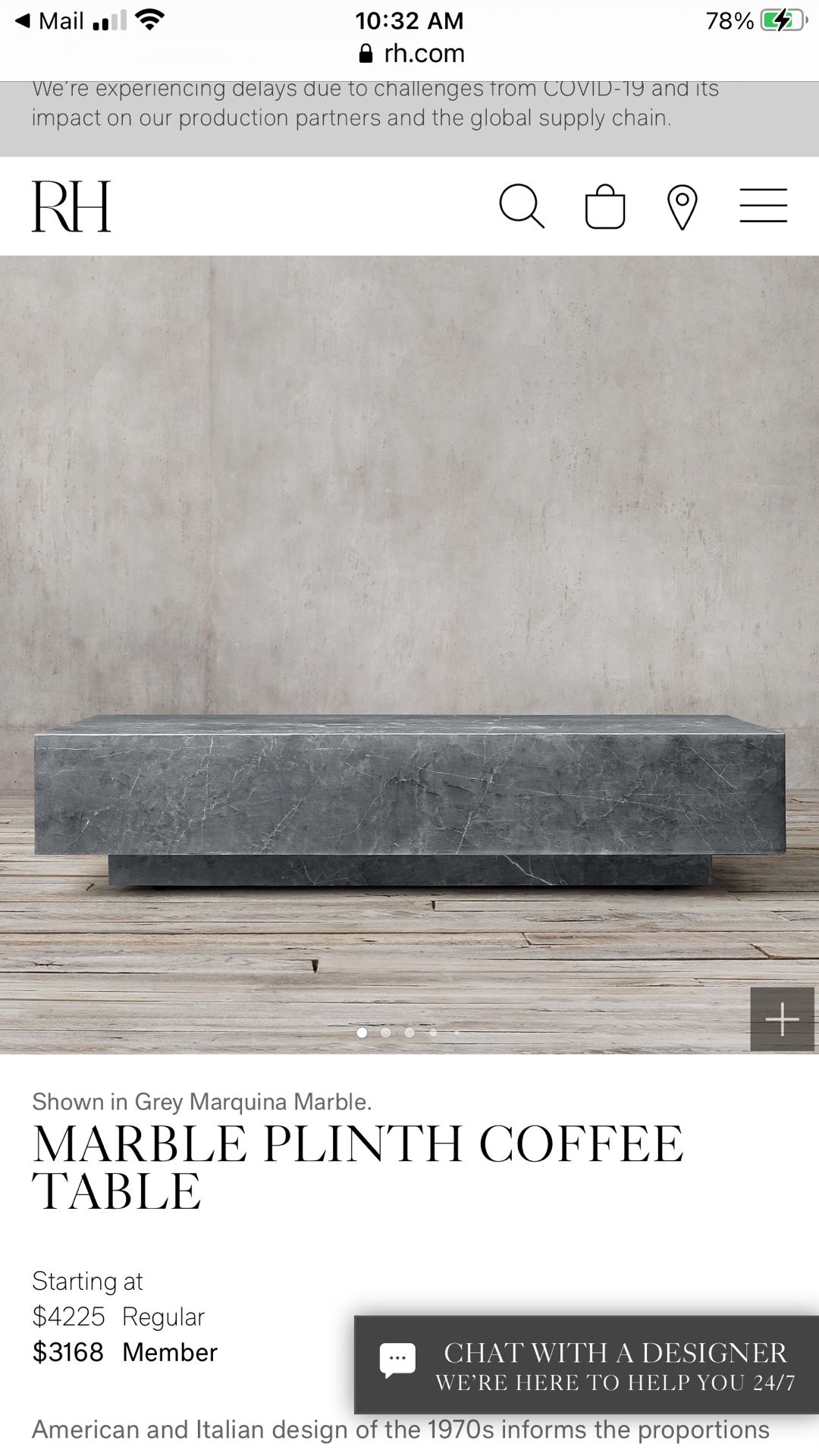 $4225 Restoration Hardware Grey Black Marble Plinth Coffee Table