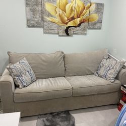 Beige Velour Sleeper Sofa, Queen Size With Memory Mattress