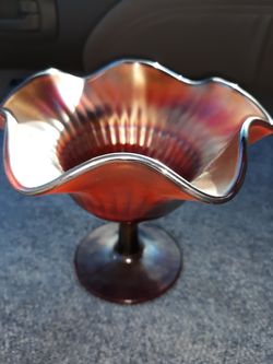 Carnival glass compote candy dish purple glass iridescent vintage