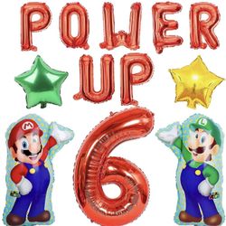 New 12 PCS Super Birthday Balloons Brothers theme Birthday Decoration with POWER UP Letter Balloons For 6th Birthday Party (Red-6th)