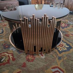 Modern Round Coffee Table – Black Glass & Gold Design