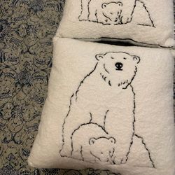 2 New 16 By 17 Inches Polar Bear W/ Baby Soft Furry Pillows
