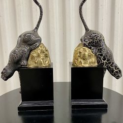 Vintage  Art Deco metal/brass/wood prowling panther bookends