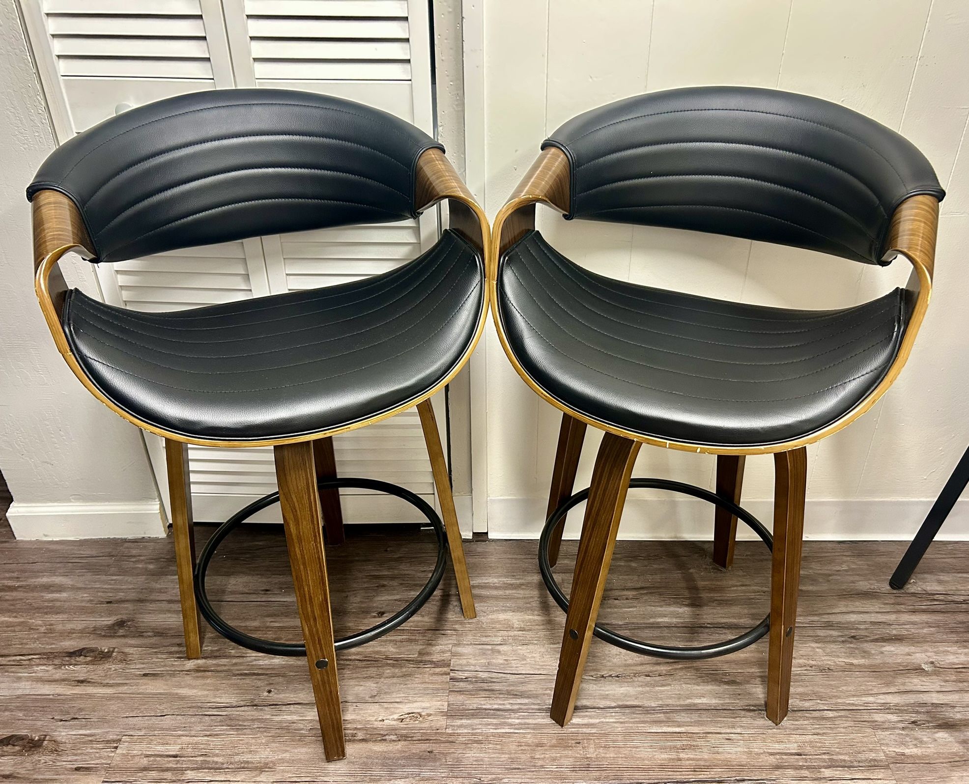 LumiSource Symphony 30 in. Walnut Wood & Black Faux Leather Bar Stool (set of 2):