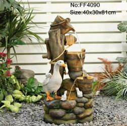FF4090 Duck Outdoor Water Fountain Waterfall with LED Lights Freestanding Water Feature for Patio, Y