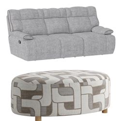 Pottery Barn Large gray chenille fully reclining sofa and modern style ottoman