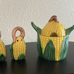 Vintage Corn Cob Salt And Pepper Shakers With Matching Sugar Bowl