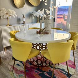 Gold and white pedestal dining table with six chairs Gold and white pedestal dining table with six chair chairs