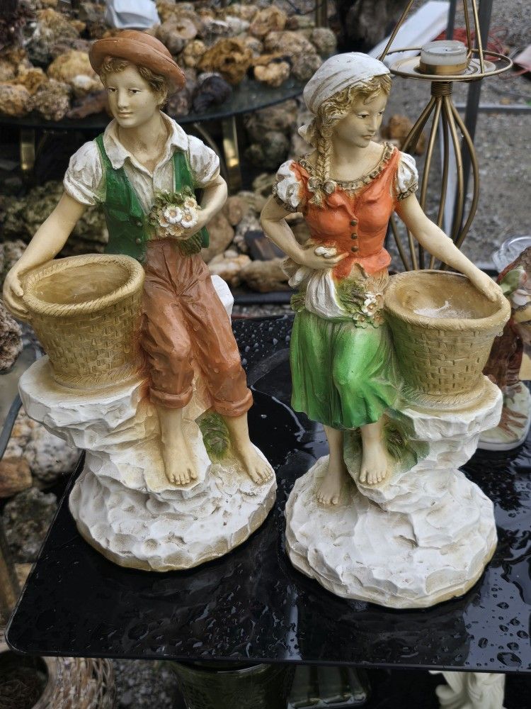 2 Vintage Garden Statues Bird Feeders Indoor Outdoor