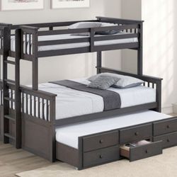 Brand New Grey Twin Over Full Bunk Bed w Trundle Bed + Drawers 