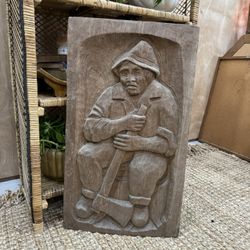 Vintage Wood Carved Plaque Wall Hanging Old Working Man Resting Axe Handmade Folk Art 