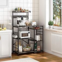 Bakers Rack with Power Outlet, Microwave Stand, Coffee Bar with Wire Basket, Kitchen Storage Rack with 6 S-Hooks, Kitchen Shelves for Spices, Pots and