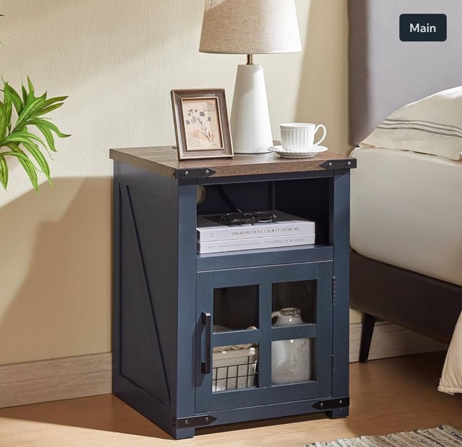 Farmhouse Nightstand with Charging Station, Rustic End Table with Tempered Glass