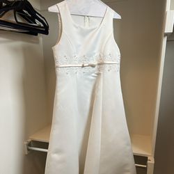 Child's Size 14 Flower Girl/Bridal Dress - Pearl Embellishments, Satin Bow, Button-Down Back - Minor Stain