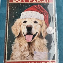 Christmas Metal Tin  Sign Golden Retriever Dog With A Red Santa Claus Hat