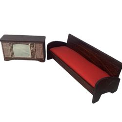 Hall's Lifetime Toys DollHouse  Living Room Wood Couch and TV  MCM