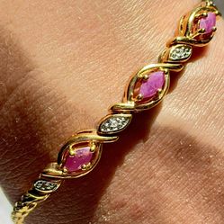 Rare Find - Vintage Pink Ruby and Diamond Chain Bracelet in Vermeille Gold on Sterling Silver Sterling