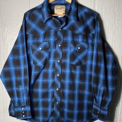 VTG Wrangler Western Fashion Pearl Snap Shirt Long Sleeve Blue  Plaid 3 XL 