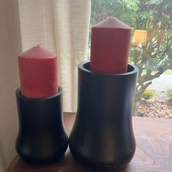 Two Candles And  Candle Holders. 