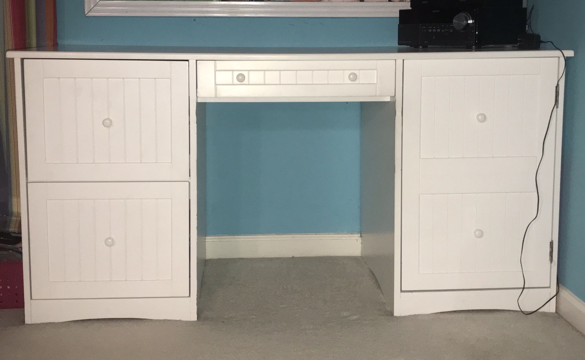 Large white computer desk, headboard, and night stand