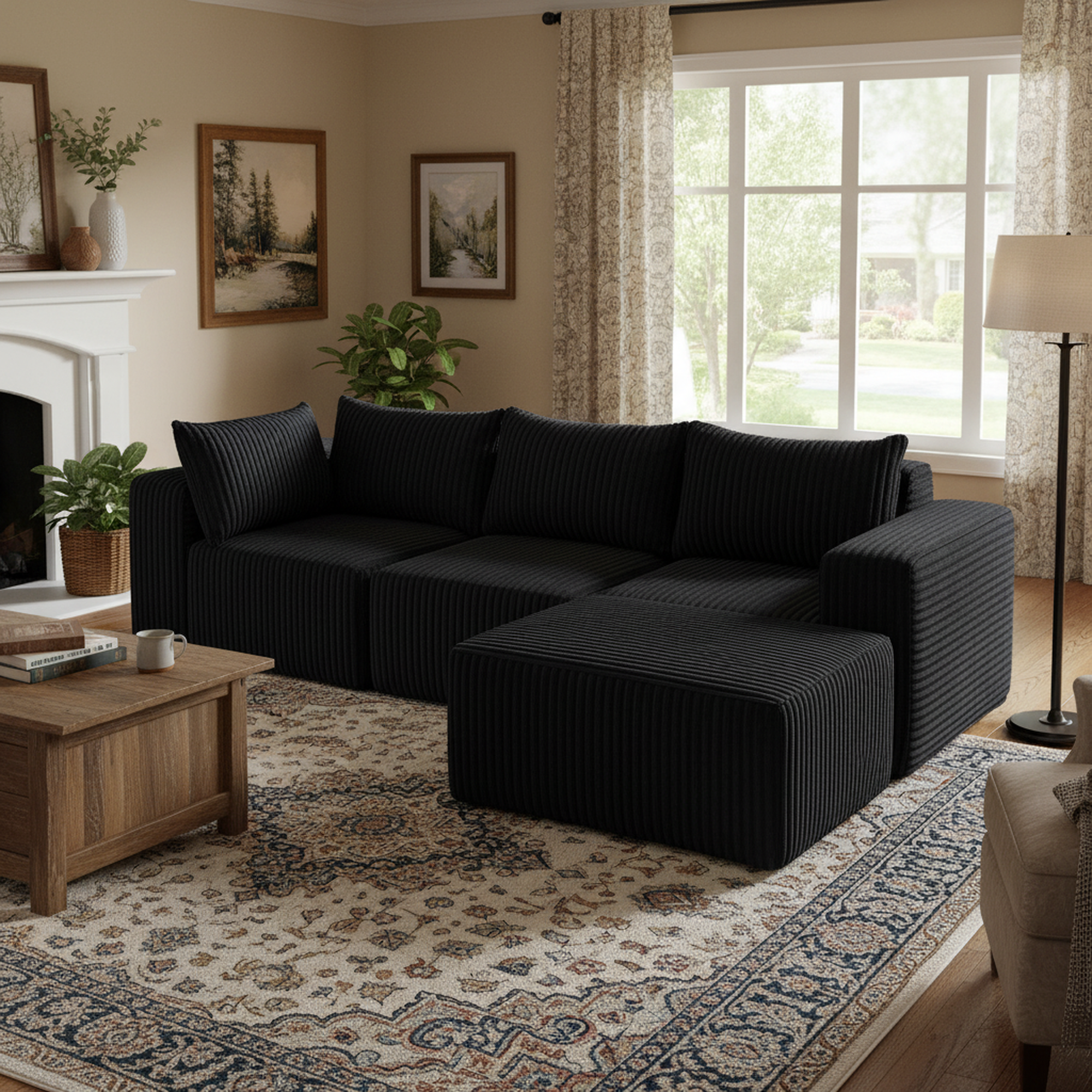 Omaha 101" Modern Corduroy L-Shaped Modular Sectional Sofa with Chaise, Black