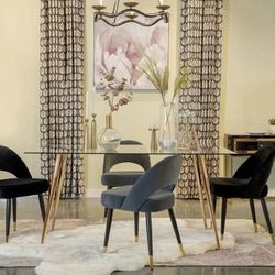 Stylish Glass Mid-Century Modern Dining Table with Velvet Chairs! Best Prices!