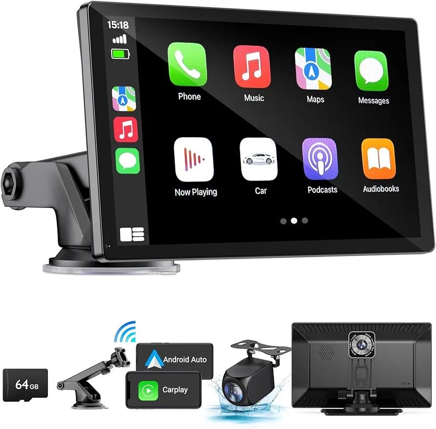 Wireless Carplay Touchscreen with Dash Cam, 9Portable Apple
