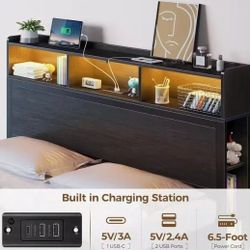 Bed frame with storage headboard, metal platform bed with charging station, bookcase storage.