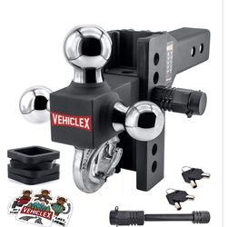 Vehiclex 6" Adjustable Drop Hitch for 2.5" Receiver, Tri-Ball & Tow Hook Keyed-Alike Pin Locks, Anti-Rattle Rubber Spacers, Stable Towing Performance,