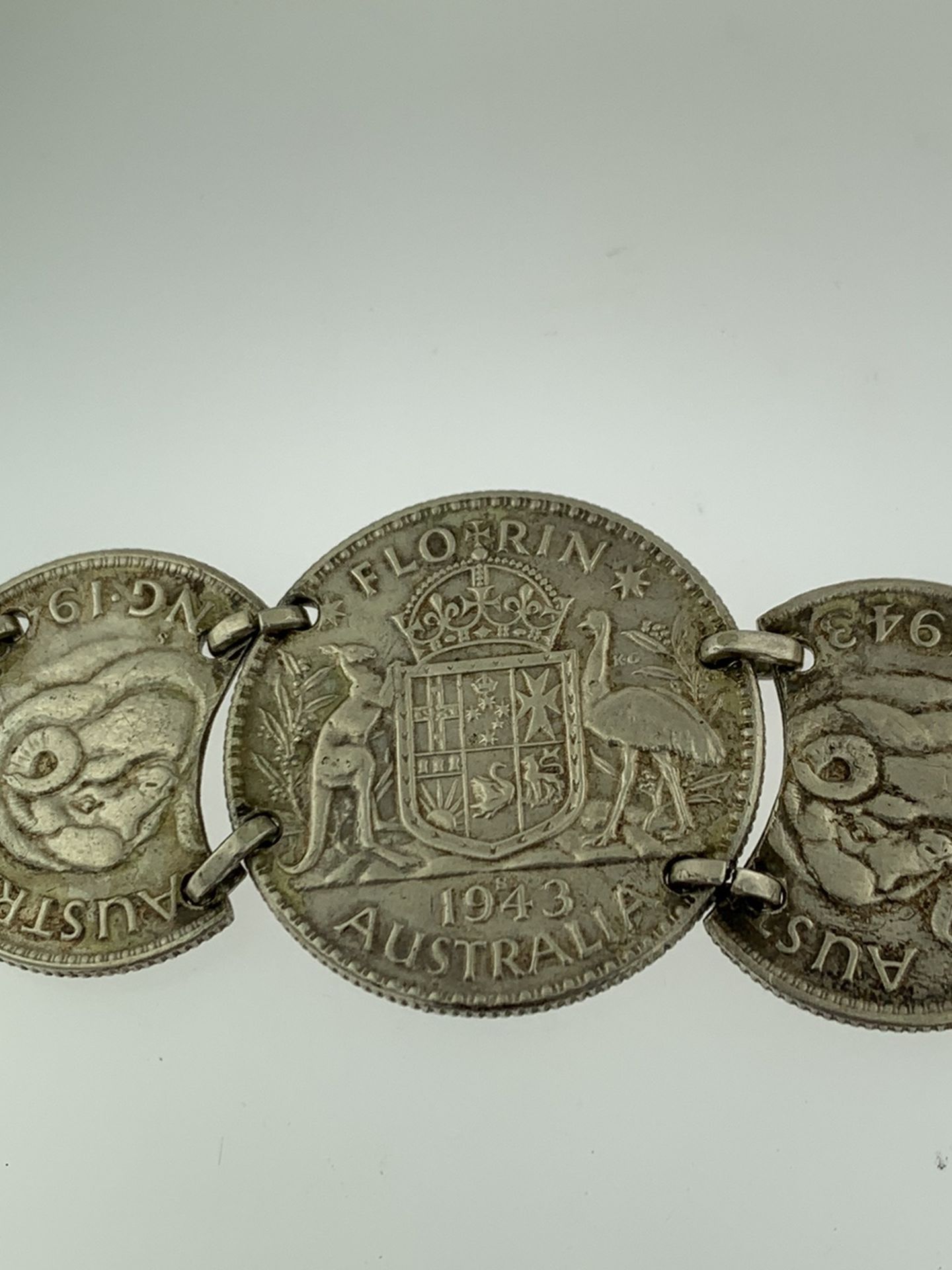 Vintage WWII Australian Trench Art Sterling Silver 1944 Sweetheart Coin Bracelet