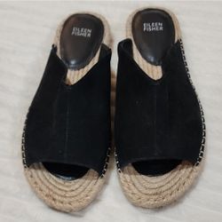 Eileen Fisher Milly Tumbled Black Nubuck Espadrille Sandal, Women's Size 10