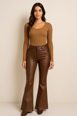 Turn heads in our Cocoa Leather Brown Flare Pants! 