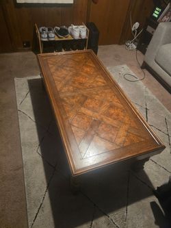 Baker Furniture French Country Coffee Table with Parquetry Top and Carved Legs