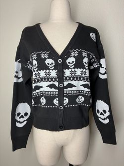 New Fashion Nova Black Skull Fair Isle Knit Cardigan Sweater