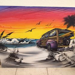 Surfer Sunset painting on cloth canvas