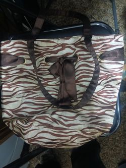 Brown Zebra-Print Large Tote Bag with Bow Accent
