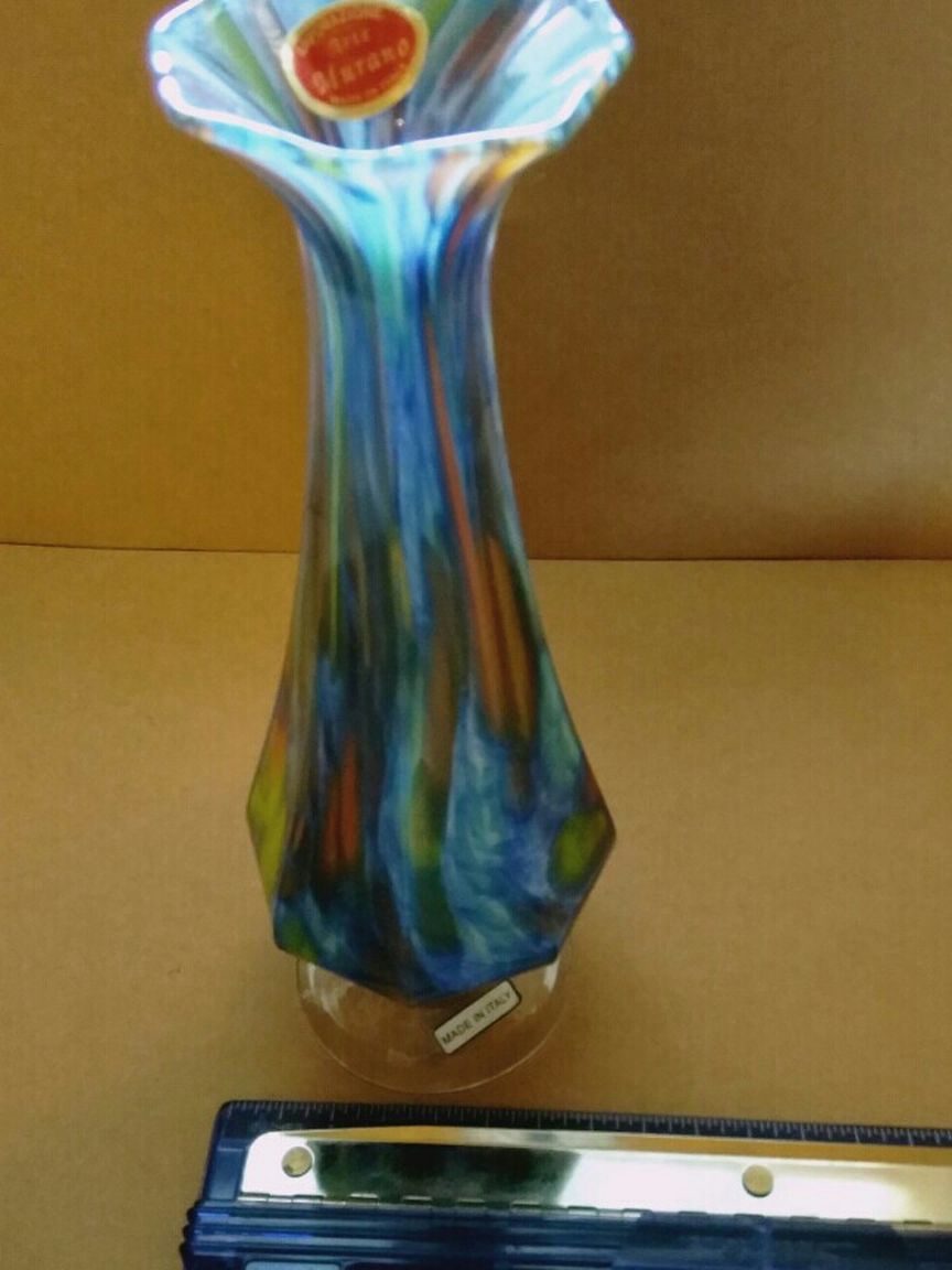 Lavorazione Arte Murano 10" Octagon Multicolor Art Glass Vase Italy