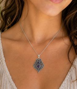 Natural Purple Amethyst Heart Sterling Silver 18” Necklace