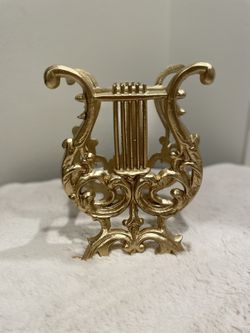 Vintage Harp Magazine or Sheet Music Rack - Gold Tone Cast Metal Lyre Rack