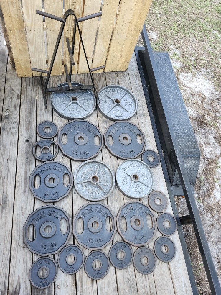 Olympic Steel Plates Iron Grip Hampton 445# Weight Lifting Plates And Rack