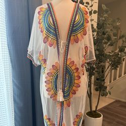 Bohemian Kimono, Brown Floral Kimono, Bathing Suit Cover Up, Bridal Shawl, Boho Wrap, Sheer Beach Duster