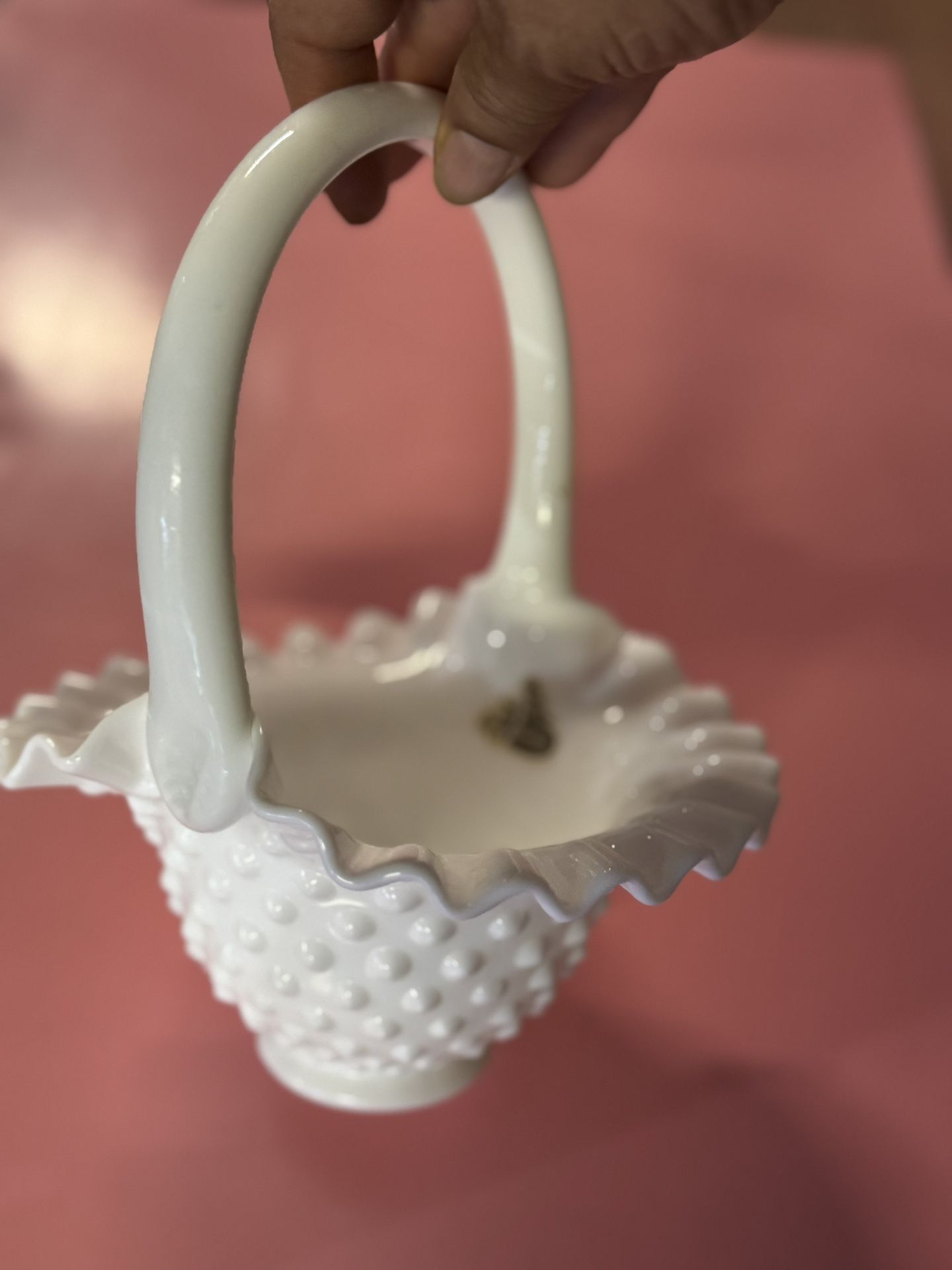 Vintage Fenton Hobnail Milk Glass Basket Bowl with Ruffled Fluted Edge